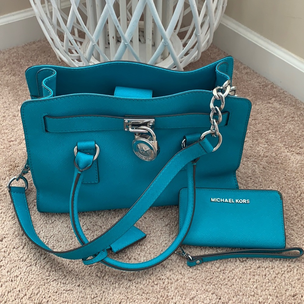 Michael Kors teal purse and wallet set